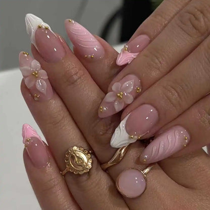 3D Flower French Tip Press On Nails Almond