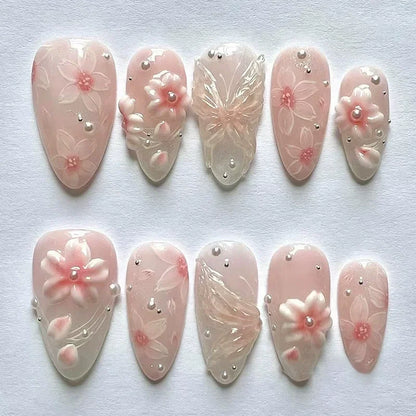 3D Flower French Tip Press On Nails Almond