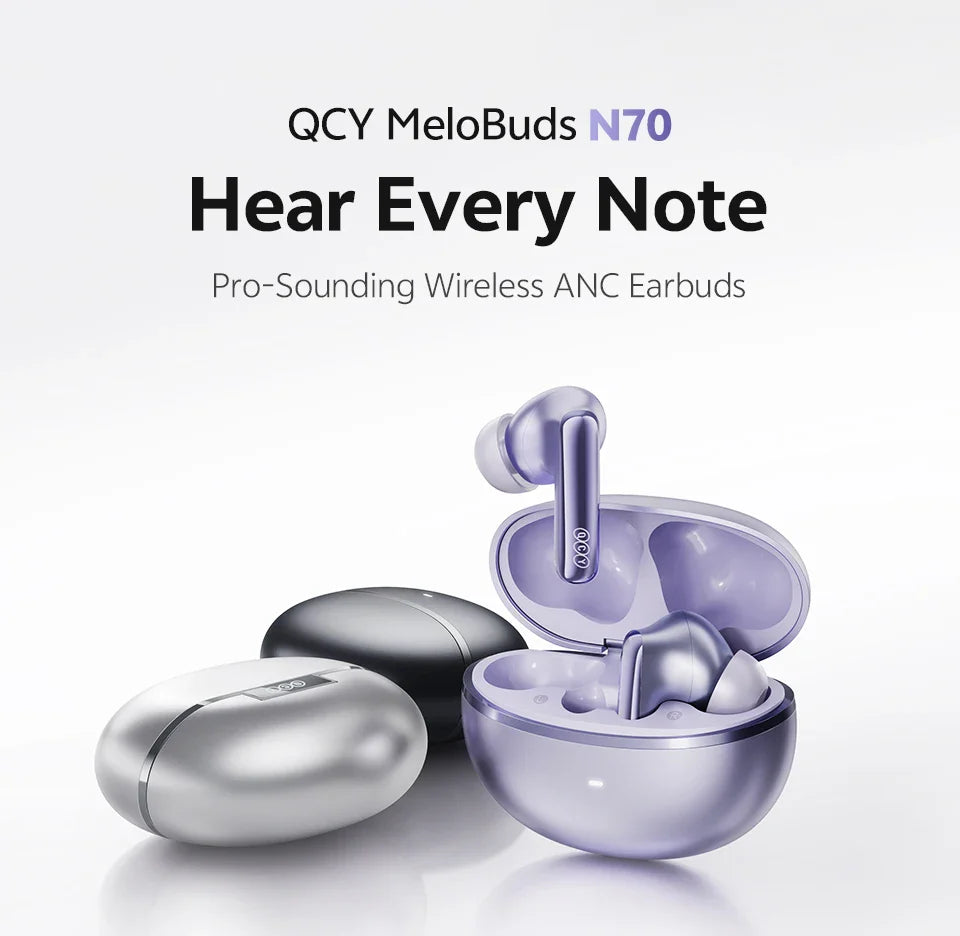 QCY MeloBuds N70 Adaptive ANC Wireless Earbuds Bluetooth 6.0 LDAC Hi-Res Audio 6 Mics Wireless Charging Earphones 50Hrs IPX5
