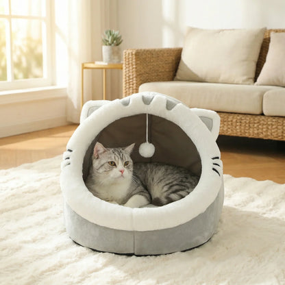 Cozy Cave Cat Bed – Soft Foldable Semi-Enclosed Pet Bed with Removable Washable Cushion