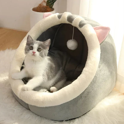 Cozy Cave Cat Bed – Soft Foldable Semi-Enclosed Pet Bed with Removable Washable Cushion