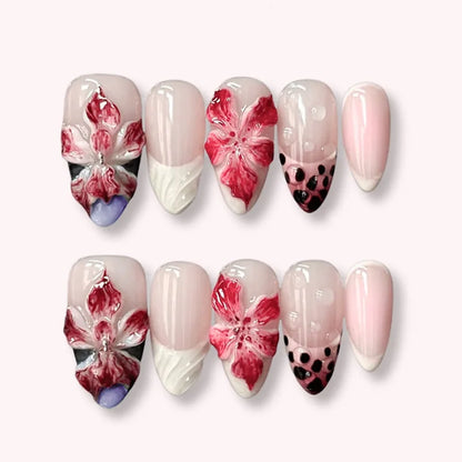 3D Flower French Tip Press On Nails Almond