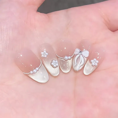 3D Flower French Tip Press On Nails Almond