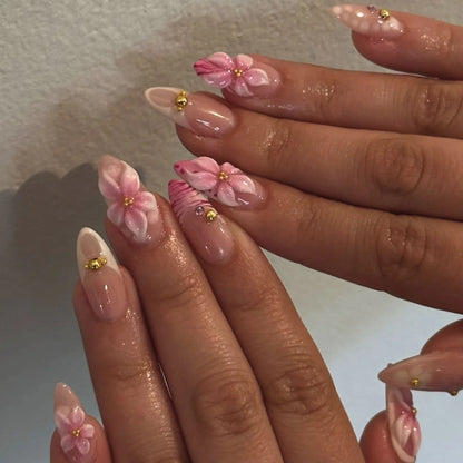 3D Flower French Tip Press On Nails Almond
