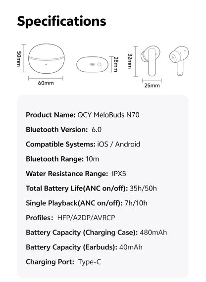 QCY MeloBuds N70 Adaptive ANC Wireless Earbuds Bluetooth 6.0 LDAC Hi-Res Audio 6 Mics Wireless Charging Earphones 50Hrs IPX5