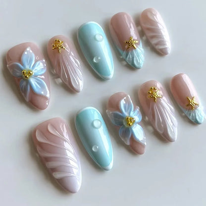 3D Flower French Tip Press On Nails Almond