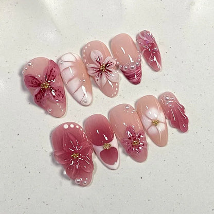 3D Flower French Tip Press On Nails Almond