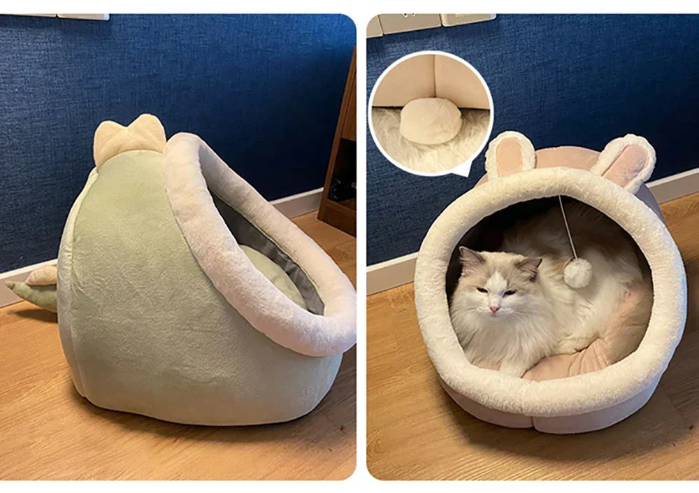 Cozy Cave Cat Bed – Soft Foldable Semi-Enclosed Pet Bed with Removable Washable Cushion