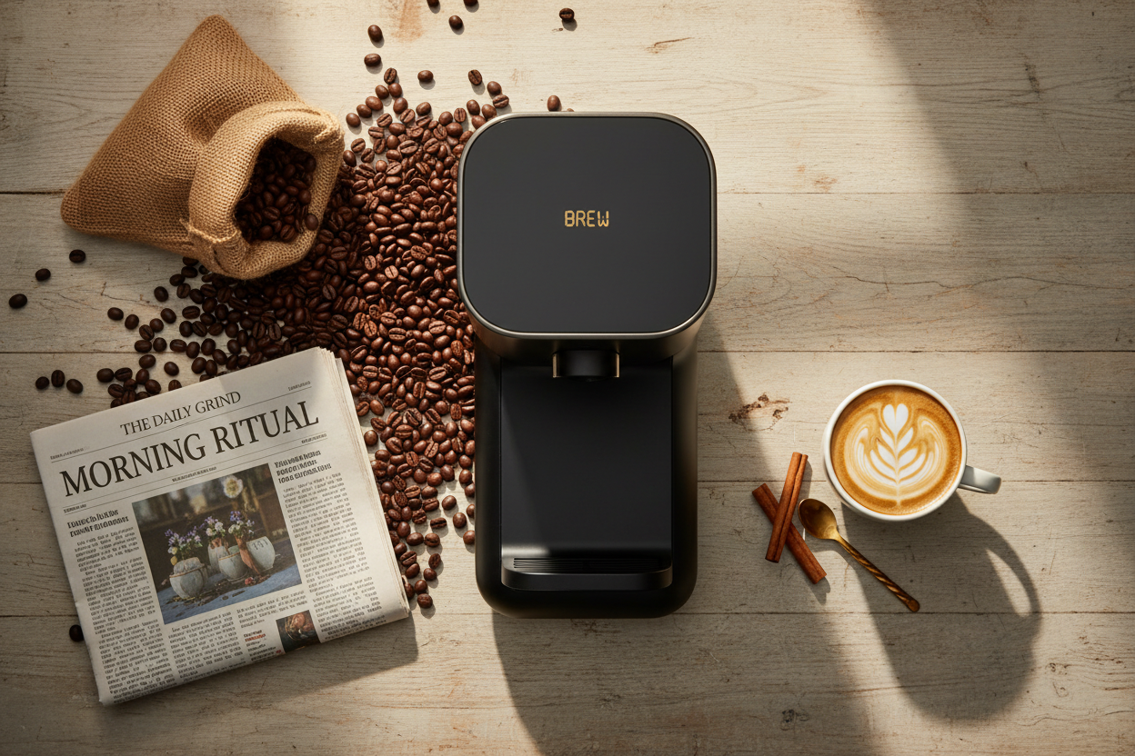 Coffee maker lifestyle flat lay with coffee beans and ceramic mug